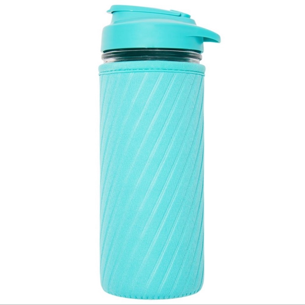MASONTOPS Glass Water Bottle with Reversible Turquoise Neoprene Sleeve